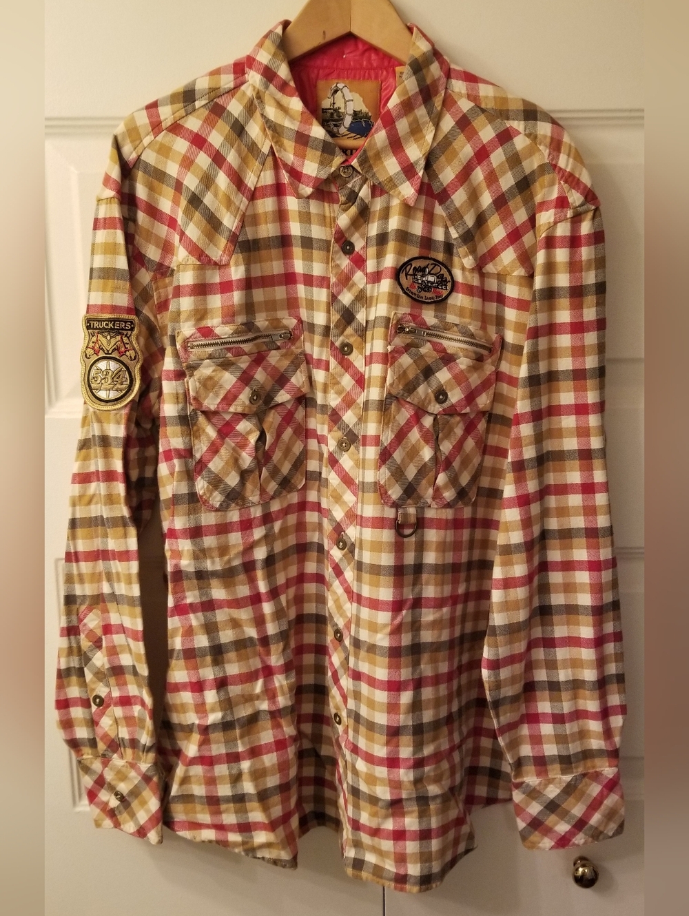 Portal Men's Vintage Flannel Button-Down Trucker / Biker Shirt w/ Patches EUC!!!